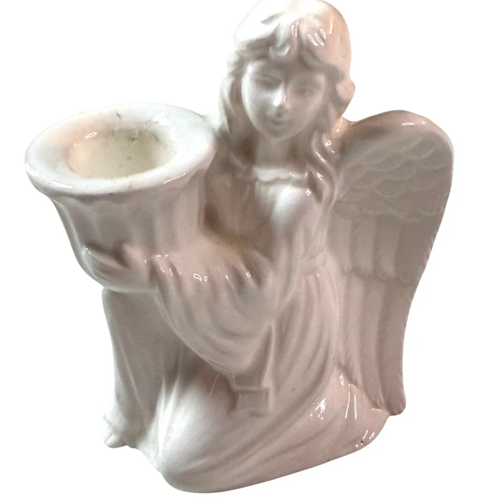 Vintage Norcrest Angel Candle Holder Set White Ceramic Mid Century Cottage Japan